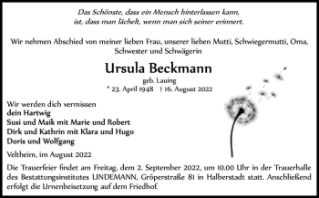 Traueranzeige von Ursula Beckmann (geb. Lauing)  von Magdeburger Volksstimme
