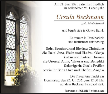 Traueranzeige von Ursula Beckmann (geb. Modrejwski)  von Magdeburger Volksstimme