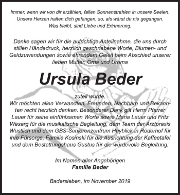 Traueranzeige von Ursula Beder  von Magdeburger Volksstimme