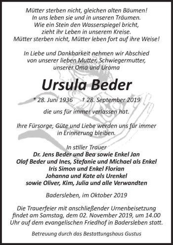 Traueranzeige von Ursula Beder  von Magdeburger Volksstimme