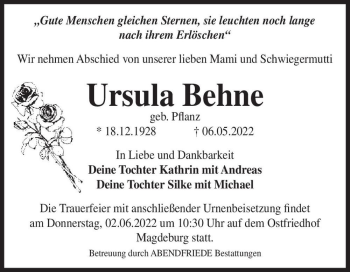 Traueranzeige von Ursula Behne (geb. Pflanz)  von Magdeburger Volksstimme