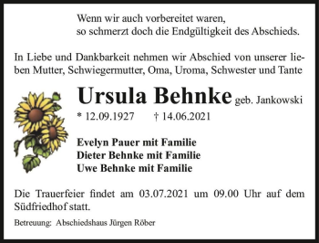 Traueranzeige von Ursula Behnke (geb. Jankowski)  von Magdeburger Volksstimme