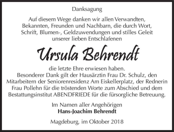 Traueranzeige von Ursula Behrendt  von Magdeburger Volksstimme