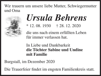 Traueranzeige von Ursula Behrens  von Magdeburger Volksstimme