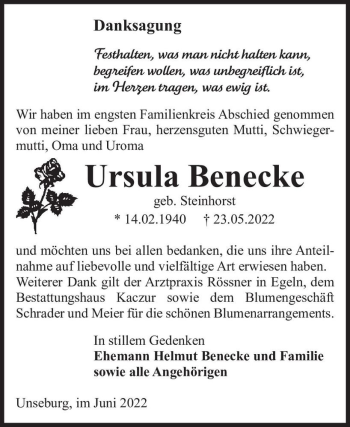 Traueranzeige von Ursula Benecke (geb. Steinhorst)  von Magdeburger Volksstimme