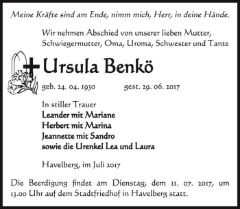 Traueranzeige von Ursula Benkö  von Magdeburger Volksstimme