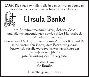 Traueranzeige von Ursula Benkö  von Magdeburger Volksstimme