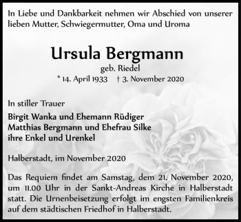 Traueranzeige von Ursula Bergmann (geb. Riedel)  von Magdeburger Volksstimme