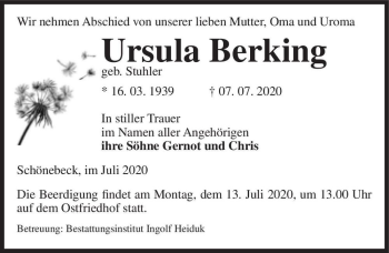 Traueranzeige von Ursula Berking (geb. Stuhler)  von Magdeburger Volksstimme