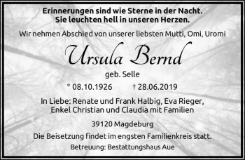 Traueranzeige von Ursula Bernd (geb. Selle)  von Magdeburger Volksstimme