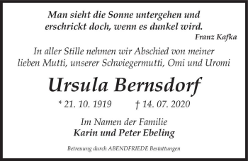 Traueranzeige von Ursula Bernsdorf  von Magdeburger Volksstimme