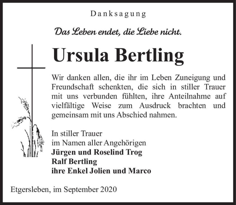  Traueranzeige für Ursula Bertling  vom 16.09.2020 aus Magdeburger Volksstimme