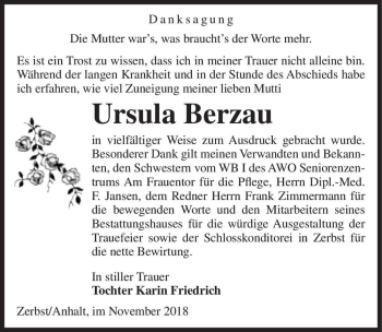 Traueranzeige von Ursula Berzau  von Magdeburger Volksstimme