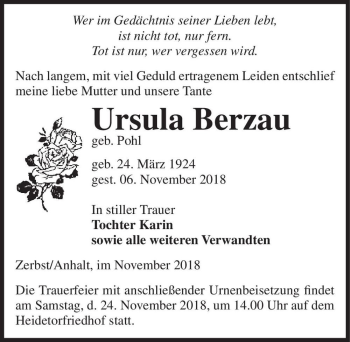 Traueranzeige von Ursula Berzau (geb. Pohl)  von Magdeburger Volksstimme