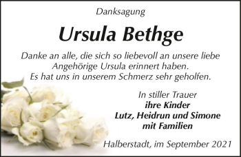 Traueranzeige von Ursula Bethge  von Magdeburger Volksstimme
