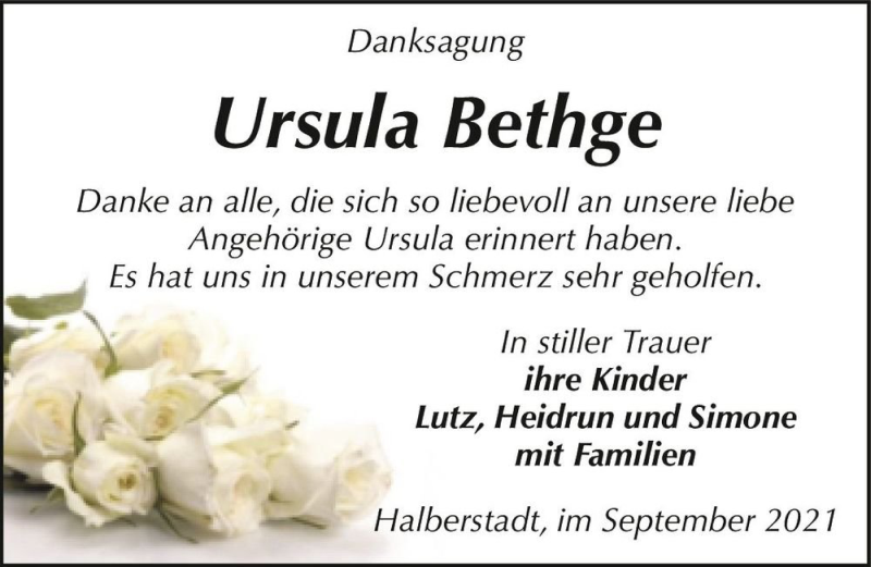  Traueranzeige für Ursula Bethge  vom 25.09.2021 aus Magdeburger Volksstimme