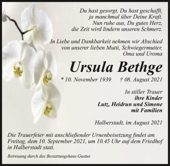 Traueranzeige von Ursula Bethge  von Magdeburger Volksstimme