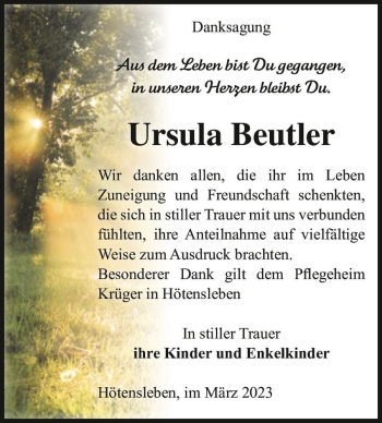 Traueranzeige von Ursula Beutler  von Magdeburger Volksstimme