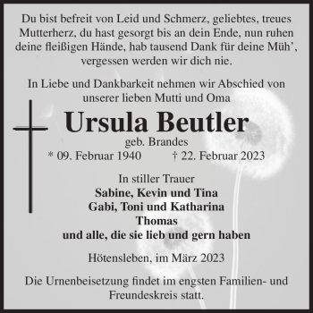 Traueranzeige von Ursula Beutler (geb. Brandes)  von Magdeburger Volksstimme