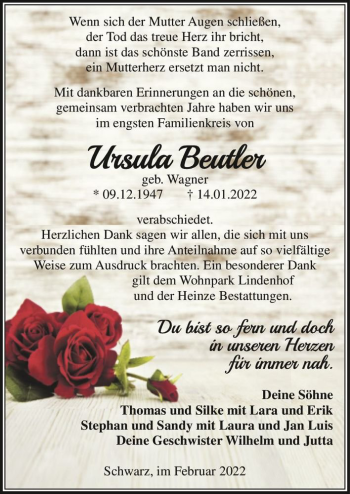 Traueranzeige von Ursula Beutler (geb. Wagner)  von Magdeburger Volksstimme