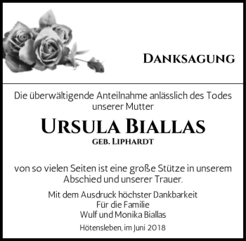 Traueranzeige von Ursula Biallas (geb. Liphardt)  von Magdeburger Volksstimme