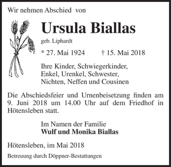 Traueranzeige von Ursula Biallas (geb. Liphardt)  von Magdeburger Volksstimme