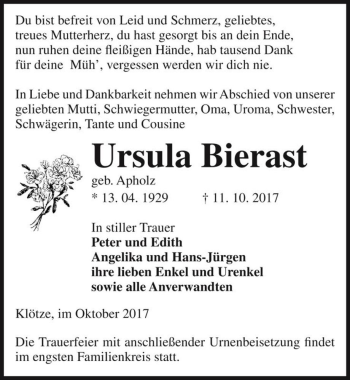 Traueranzeige von Ursula Bierast (geb. Apholz)  von Magdeburger Volksstimme