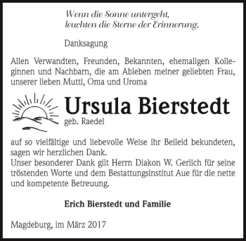 Traueranzeige von Ursula Bierstedt (geb. Raedel)  von Magdeburger Volksstimme