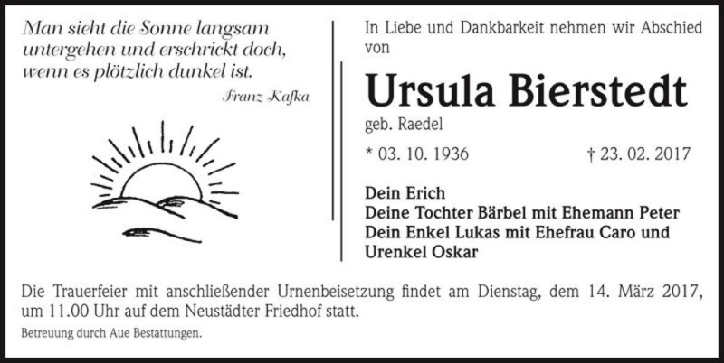  Traueranzeige für Ursula Bierstedt (geb. Raedel)  vom 04.03.2017 aus Magdeburger Volksstimme