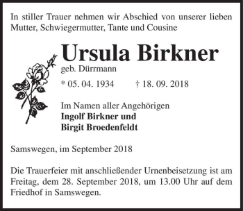 Traueranzeige von Ursula Birkner (geb. Dürrmann)  von Magdeburger Volksstimme