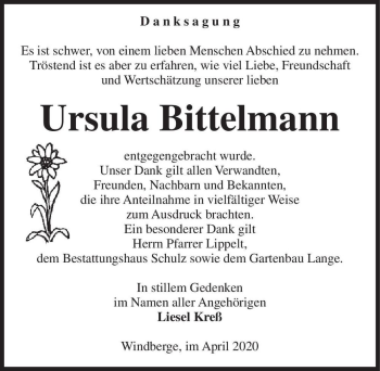 Traueranzeige von Ursula Bittelmann  von Magdeburger Volksstimme