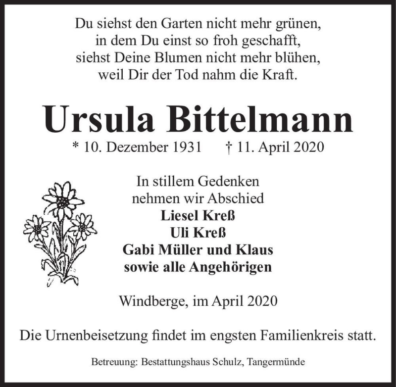  Traueranzeige für Ursula Bittelmann  vom 18.04.2020 aus Magdeburger Volksstimme