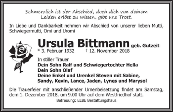 Traueranzeige von Ursula Bittmann (geb. Gutzeit)  von Magdeburger Volksstimme