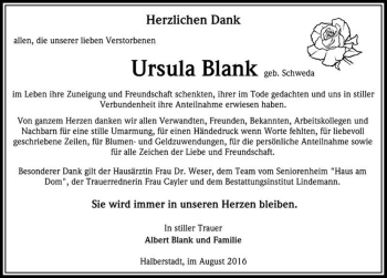 Traueranzeige von Ursula Blank (geb. Schweda)  von Magdeburger Volksstimme