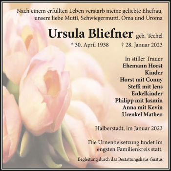 Traueranzeige von Ursula Bliefner (geb. Techel)  von Magdeburger Volksstimme