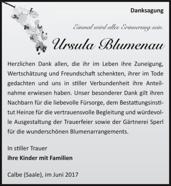 Traueranzeige von Ursula Blumenau  von Magdeburger Volksstimme