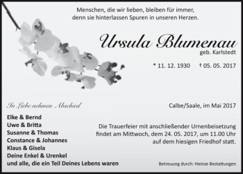 Traueranzeige von Ursula Blumenau (geb. Karlstedt)  von Magdeburger Volksstimme
