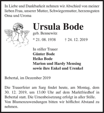 Traueranzeige von Ursula Bode (geb. Bennewitz)  von Magdeburger Volksstimme