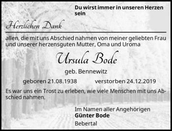 Traueranzeige von Ursula Bode (geb. Bennewitz)  von Magdeburger Volksstimme