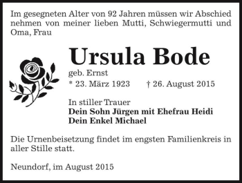 Traueranzeige von Ursula Bode (geb. Ernst)  von Magdeburger Volksstimme