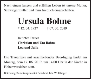 Traueranzeige von Ursula Bohne  von Magdeburger Volksstimme