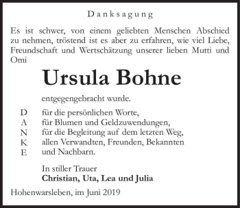 Traueranzeige von Ursula Bohne  von Magdeburger Volksstimme
