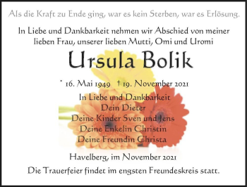 Traueranzeige von Ursula Bolik  von Magdeburger Volksstimme