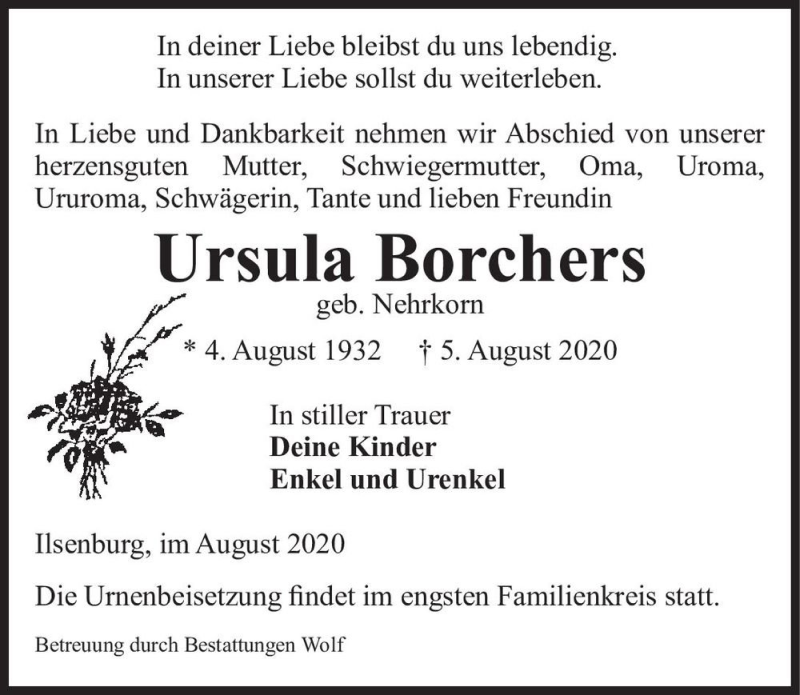  Traueranzeige für Ursula Borchers (geb. Nehrkorn)  vom 15.08.2020 aus Magdeburger Volksstimme