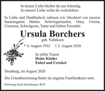 Traueranzeige von Ursula Borchers (geb. Nehrkorn)  von Magdeburger Volksstimme