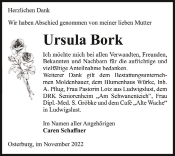 Traueranzeige von Ursula Bork  von Magdeburger Volksstimme
