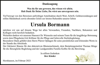 Traueranzeige von Ursula Bormann  von Magdeburger Volksstimme