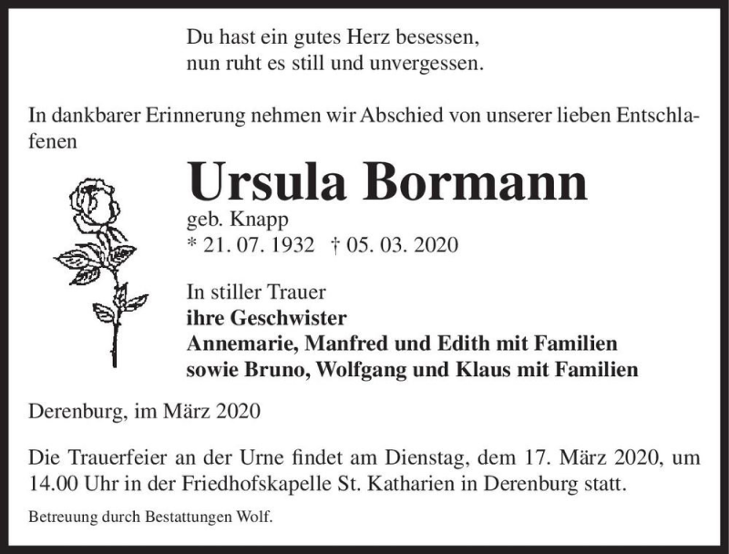  Traueranzeige für Ursula Bormann (geb. Knapp)  vom 11.03.2020 aus Magdeburger Volksstimme