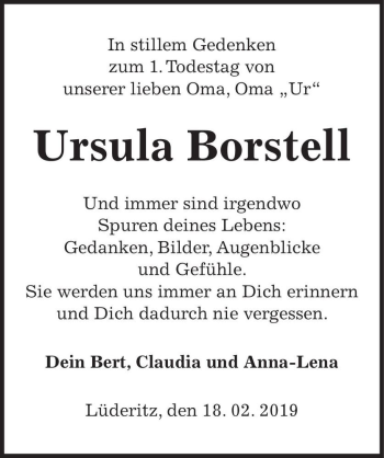 Traueranzeige von Ursula Borstell  von Magdeburger Volksstimme
