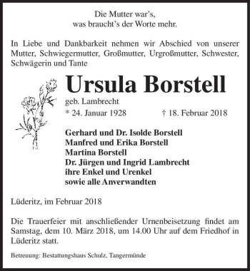 Traueranzeige von Ursula Borstell (geb. Lambrecht)  von Magdeburger Volksstimme
